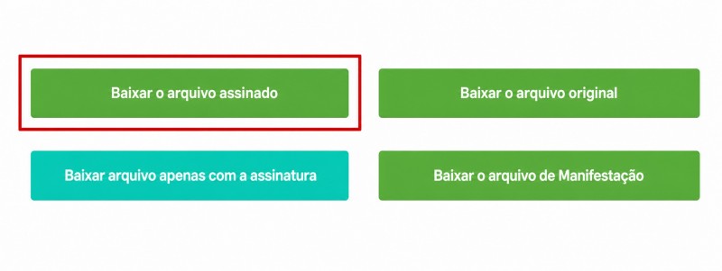 Tela com as quatro opções de download. A opção “Baixar o arquivo assinado” está destacada em vermelho.