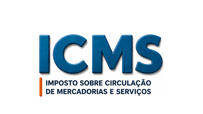 &Iacute;cone 3D azul com a sigla ICMS, tra&ccedil;o laranja vertical alinhado &agrave; esquerda e o texto Imposto sobre Circula&ccedil;&atilde;o de Mercadorias e Servi&ccedil;os.